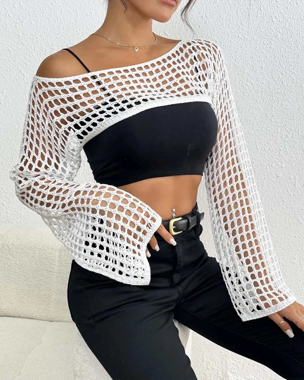 Womens Crochet Crop Tops Y2k Knit Shrug Sweater Hollow Out Long Sleeve Bikini See Through Cover Ups