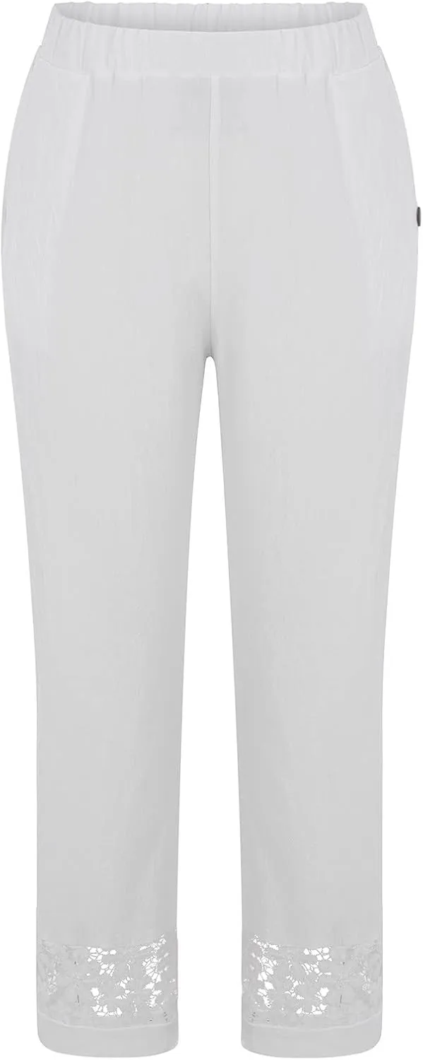 Womens Cute Linen Pants Casual Summer Wide Leg Elastic High Waist Lounge Pants Beach Lightweight Plus Size Trousers
