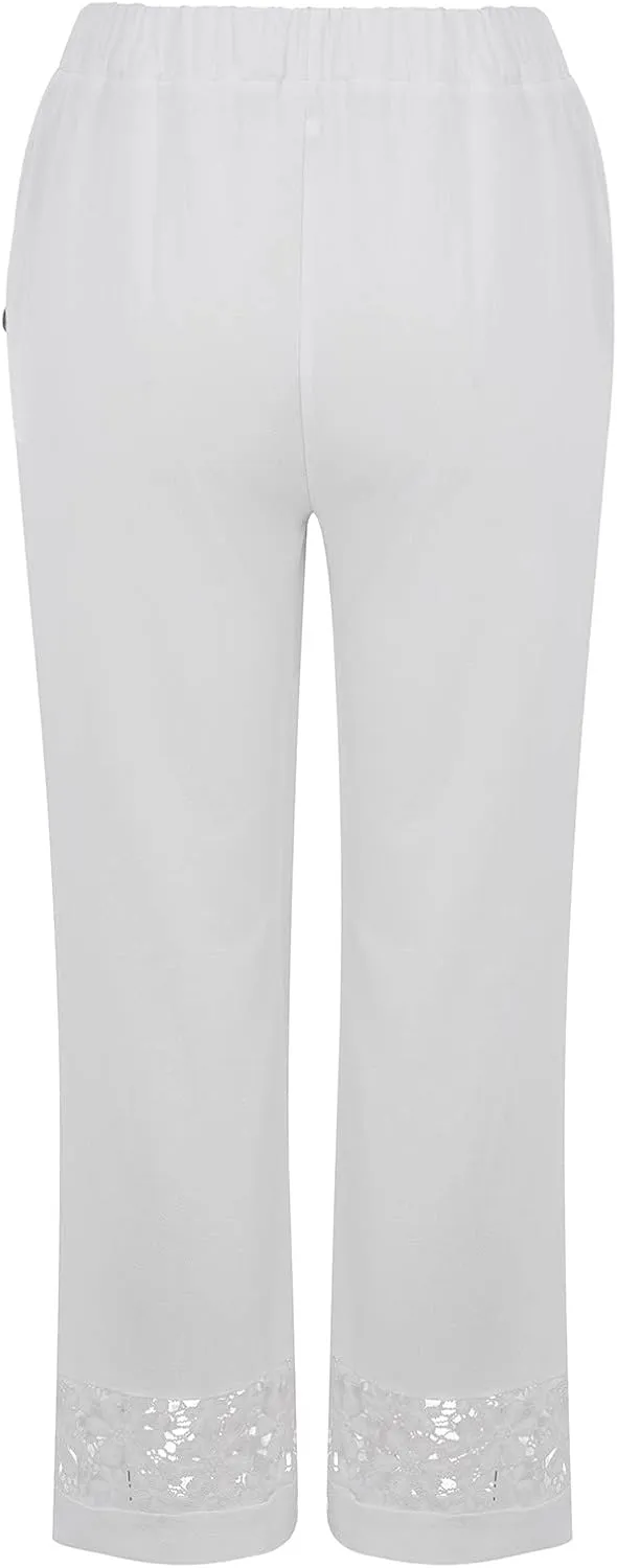 Womens Cute Linen Pants Casual Summer Wide Leg Elastic High Waist Lounge Pants Beach Lightweight Plus Size Trousers