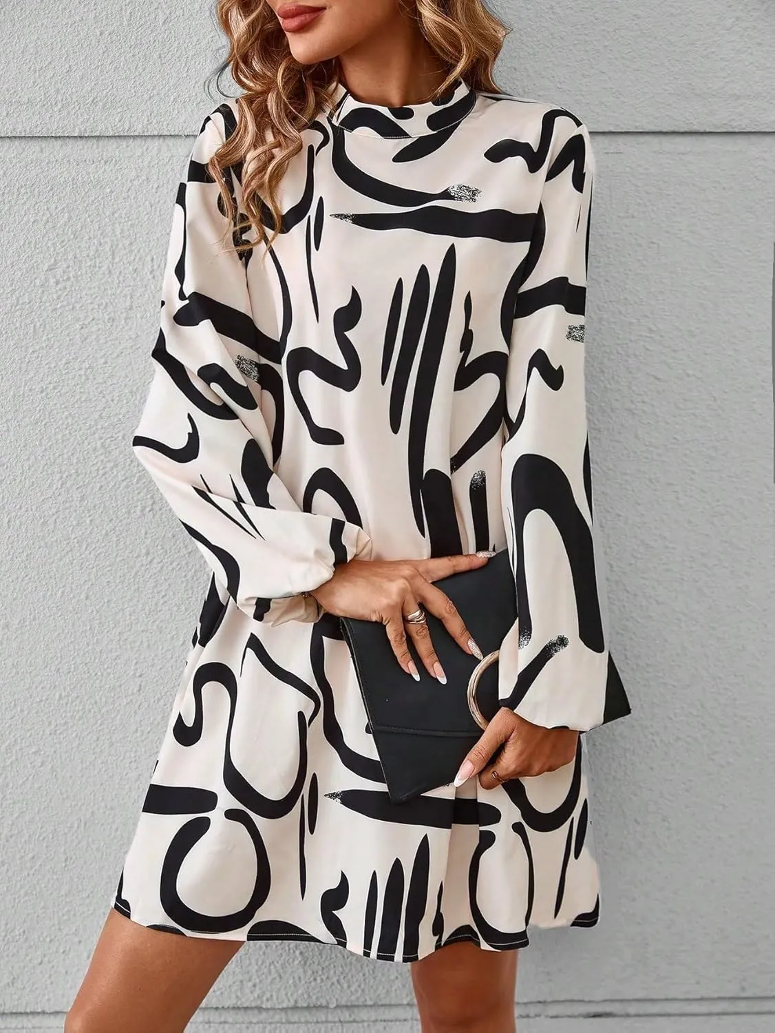 Women's Dress Graphic Print Mock Neck Lantern Sleeve MIdi Dress Stand Collar Long Sleeve Women's Clothing