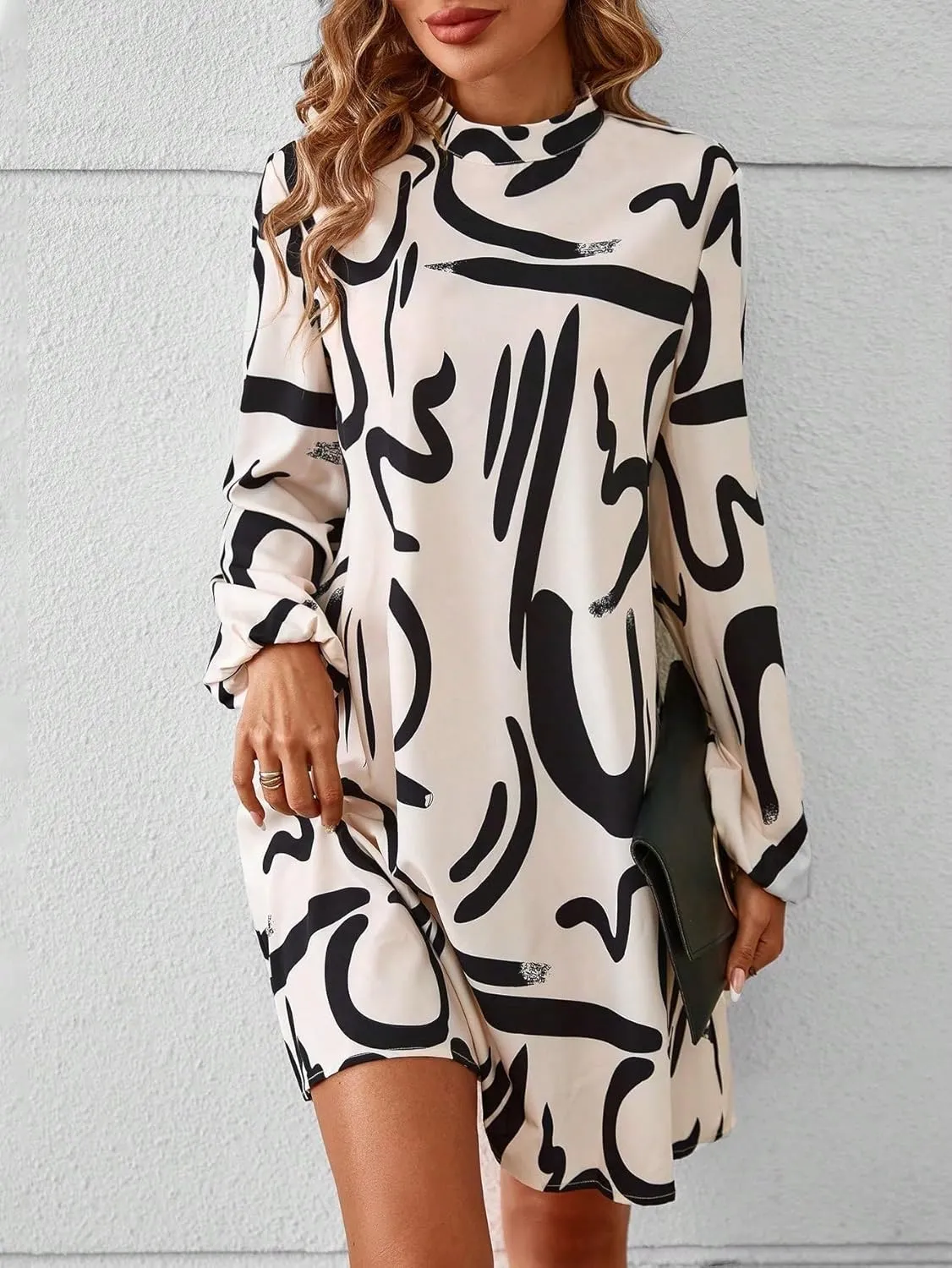 Women's Dress Graphic Print Mock Neck Lantern Sleeve MIdi Dress Stand Collar Long Sleeve Women's Clothing