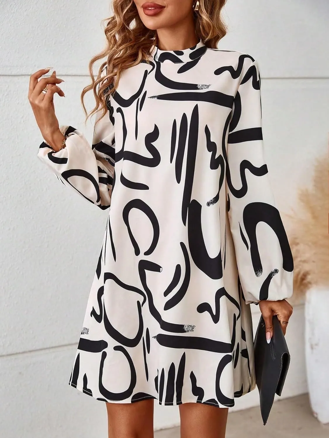 Women's Dress Graphic Print Mock Neck Lantern Sleeve MIdi Dress Stand Collar Long Sleeve Women's Clothing
