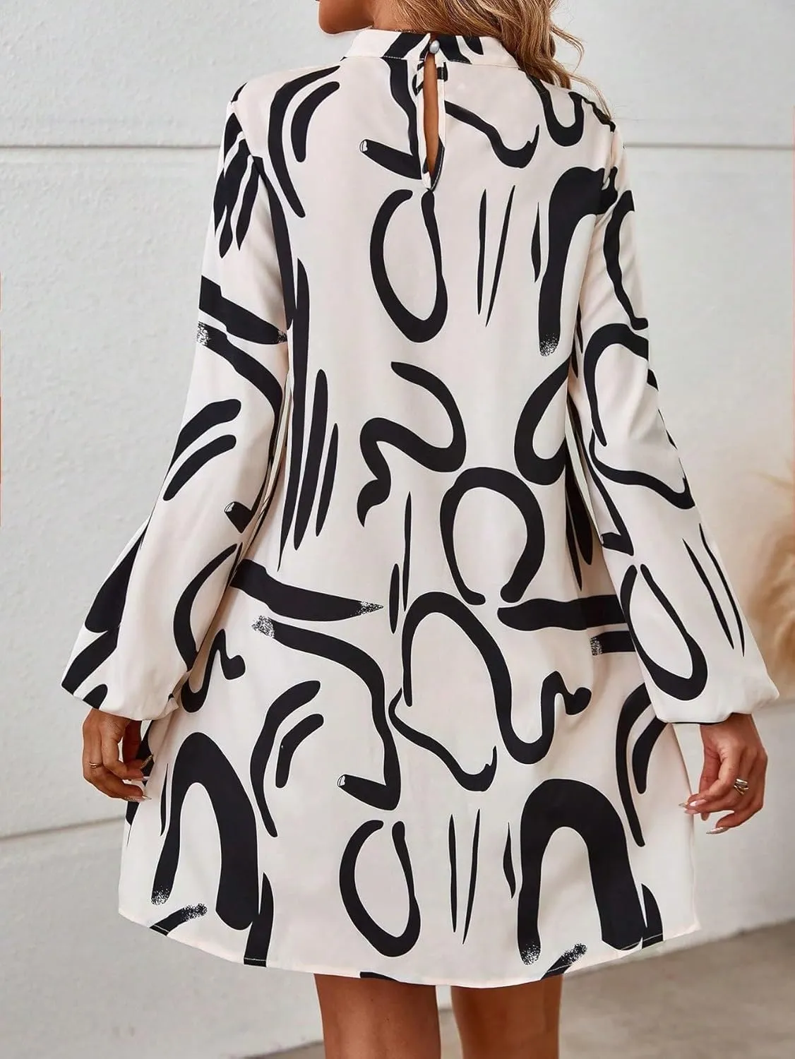 Women's Dress Graphic Print Mock Neck Lantern Sleeve MIdi Dress Stand Collar Long Sleeve Women's Clothing