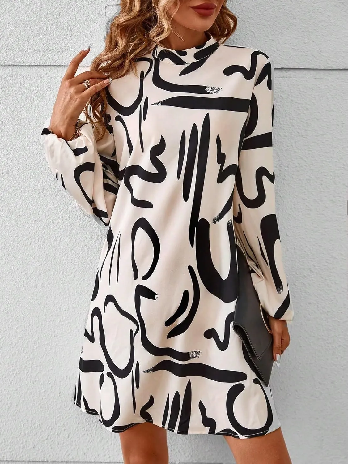 Women's Dress Graphic Print Mock Neck Lantern Sleeve MIdi Dress Stand Collar Long Sleeve Women's Clothing