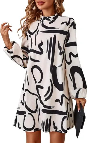 Women's Dress Graphic Print Mock Neck Lantern Sleeve MIdi Dress Stand Collar Long Sleeve Women's Clothing