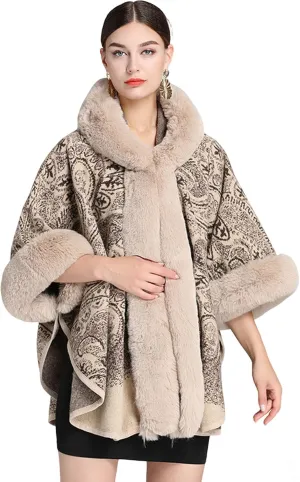 Women's Faux Fur Cloak Shawl Vintage Plush Jacquard tops Wearable Blanket for Hooded Cardigan Cloak