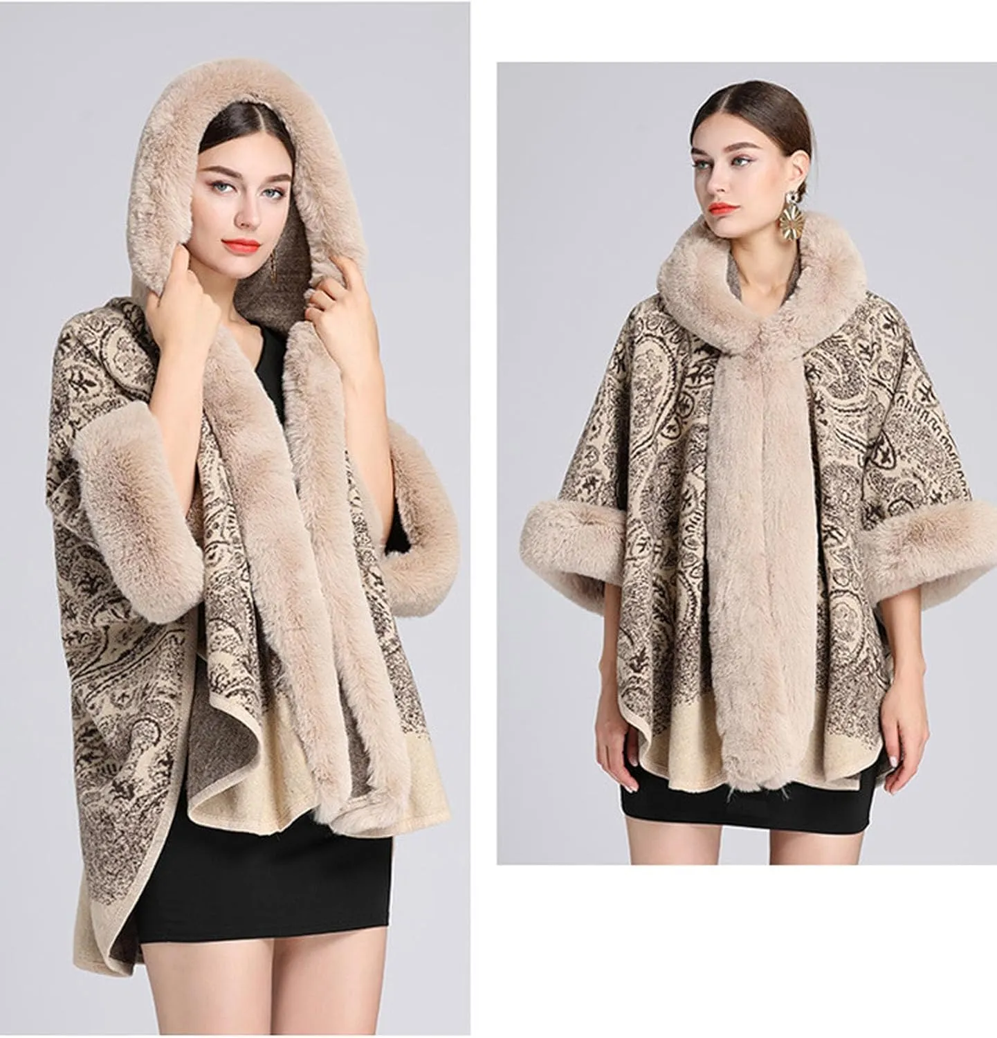 Women's Faux Fur Cloak Shawl Vintage Plush Jacquard tops Wearable Blanket for Hooded Cardigan Cloak