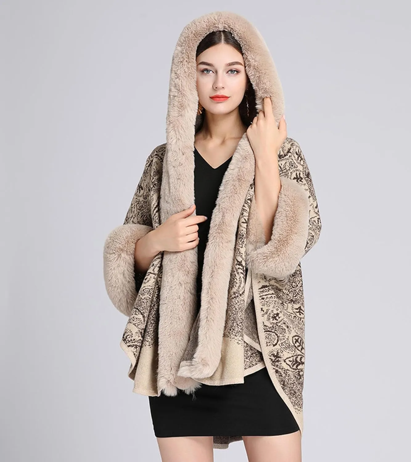 Women's Faux Fur Cloak Shawl Vintage Plush Jacquard tops Wearable Blanket for Hooded Cardigan Cloak