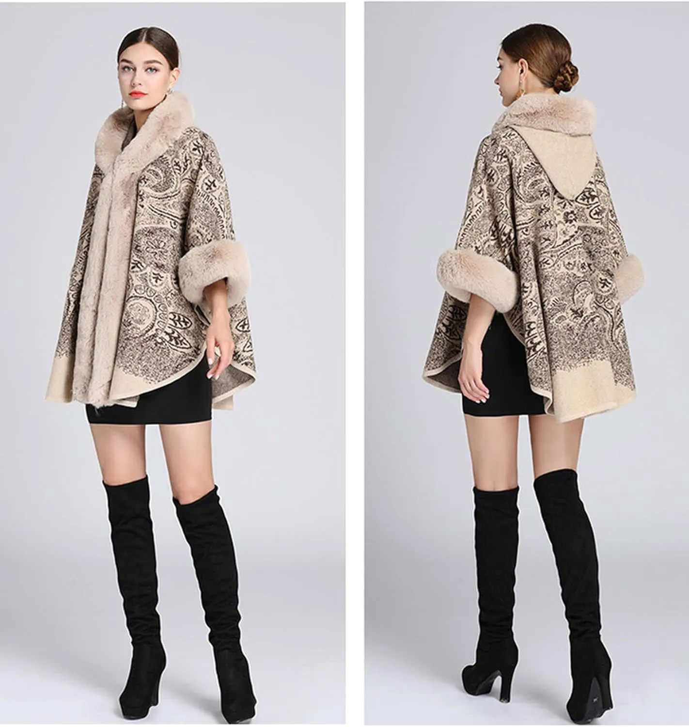 Women's Faux Fur Cloak Shawl Vintage Plush Jacquard tops Wearable Blanket for Hooded Cardigan Cloak