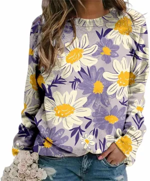 Womens Flower Sweater Fall Graphic Sweatshirts Plus Size Casual Long Sleeve Crewneck Vintage Flower Pullover Tops