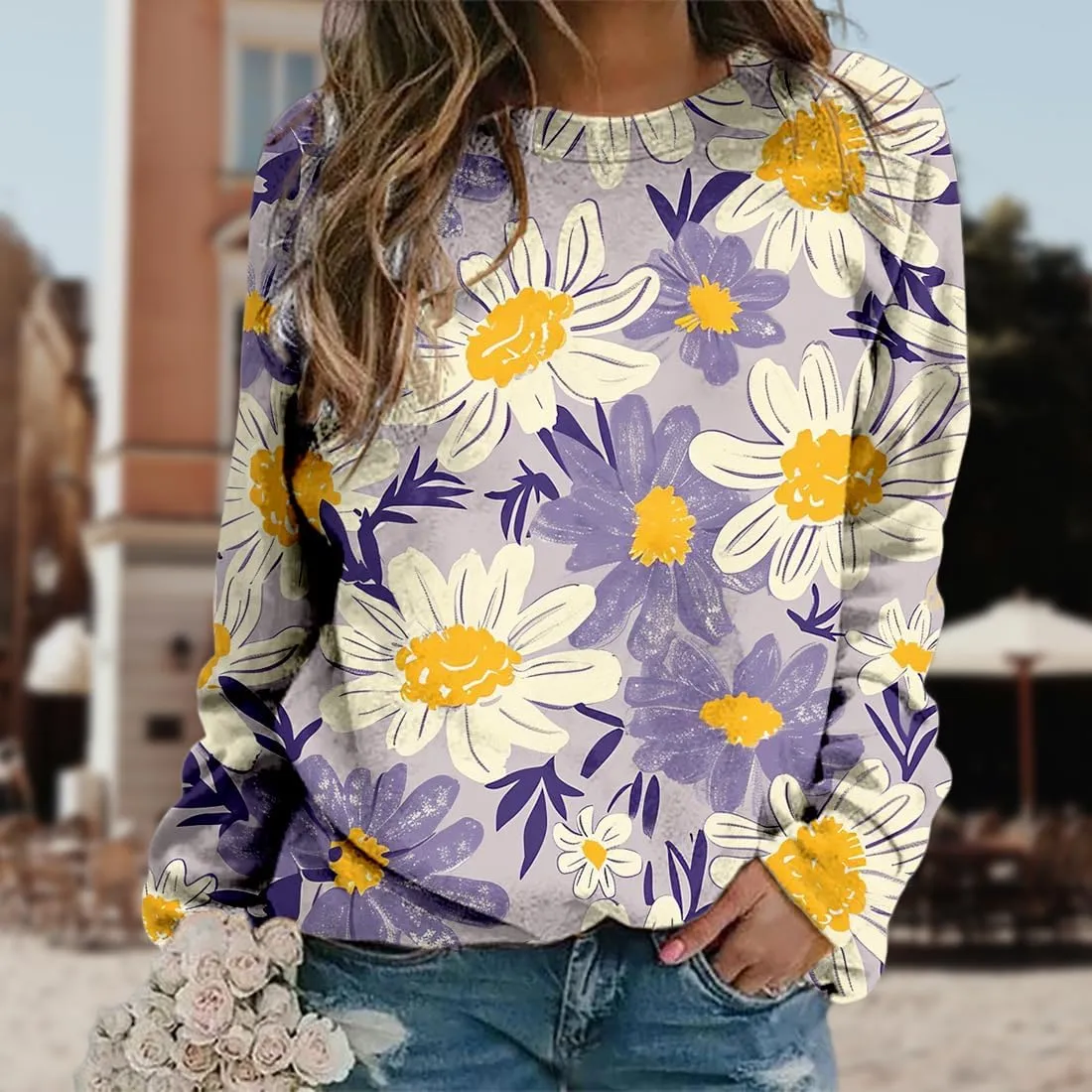 Womens Flower Sweater Fall Graphic Sweatshirts Plus Size Casual Long Sleeve Crewneck Vintage Flower Pullover Tops