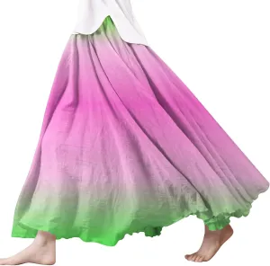 Womens High Waist Tie-Dye Print Pleated Skirt Midi Swing Skirt Solid Color Linen Long Maxi Skirts Casual Beach Dress