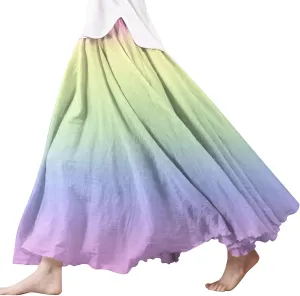 Womens High Waist Tie-Dye Print Pleated Skirt Midi Swing Skirt Solid Color Linen Long Maxi Skirts Casual Beach Dress