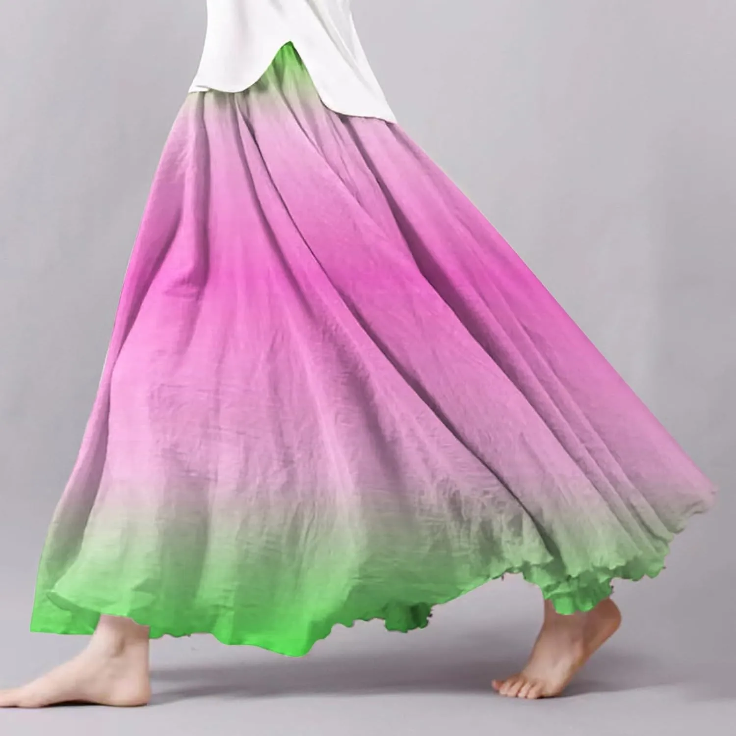 Womens High Waist Tie-Dye Print Pleated Skirt Midi Swing Skirt Solid Color Linen Long Maxi Skirts Casual Beach Dress