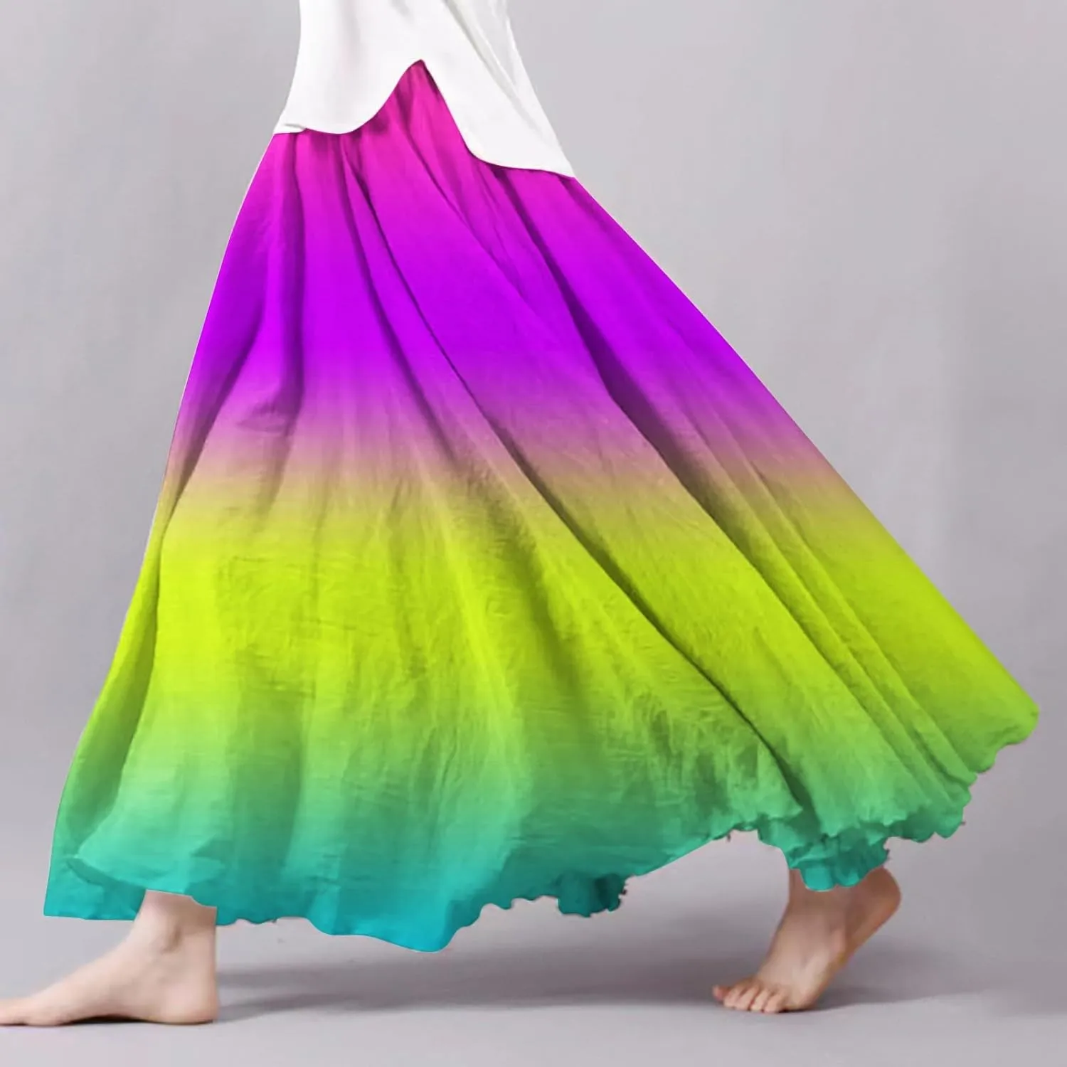Womens High Waist Tie-Dye Print Pleated Skirt Midi Swing Skirt Solid Color Linen Long Maxi Skirts Casual Beach Dress