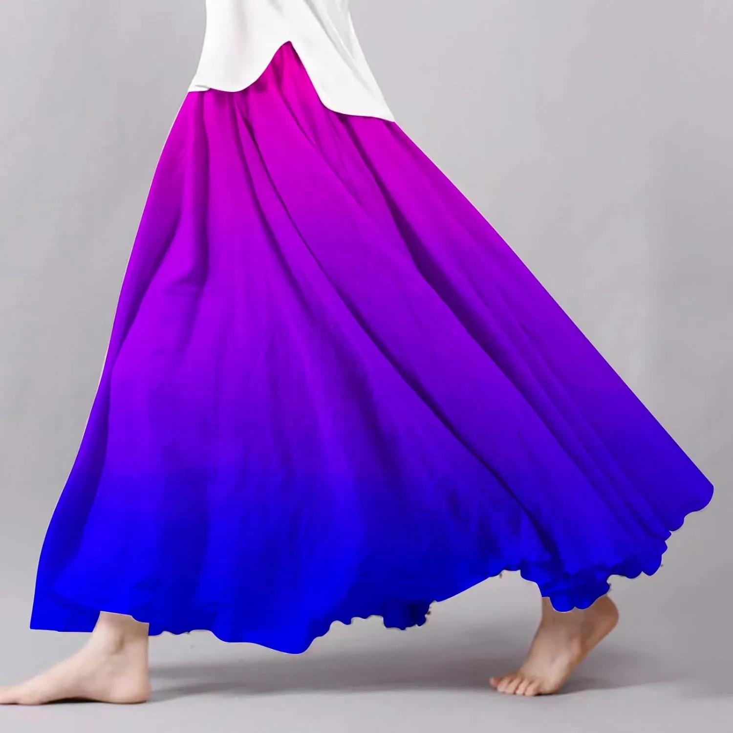 Womens High Waist Tie-Dye Print Pleated Skirt Midi Swing Skirt Solid Color Linen Long Maxi Skirts Casual Beach Dress