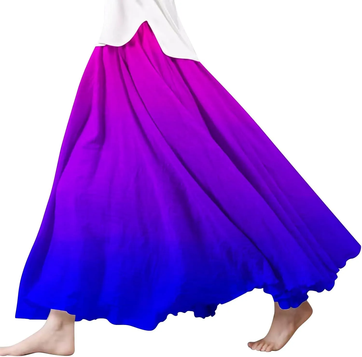 Womens High Waist Tie-Dye Print Pleated Skirt Midi Swing Skirt Solid Color Linen Long Maxi Skirts Casual Beach Dress