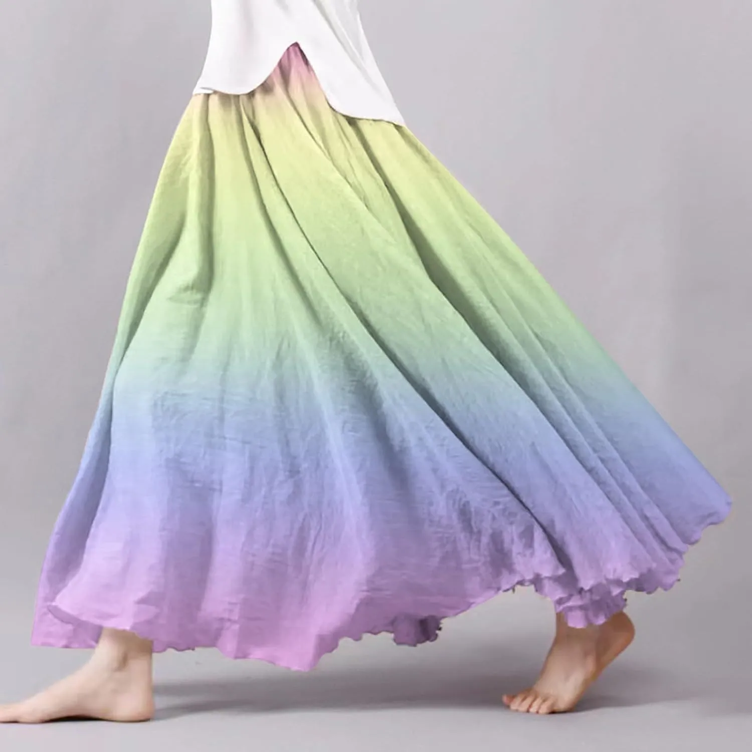 Womens High Waist Tie-Dye Print Pleated Skirt Midi Swing Skirt Solid Color Linen Long Maxi Skirts Casual Beach Dress