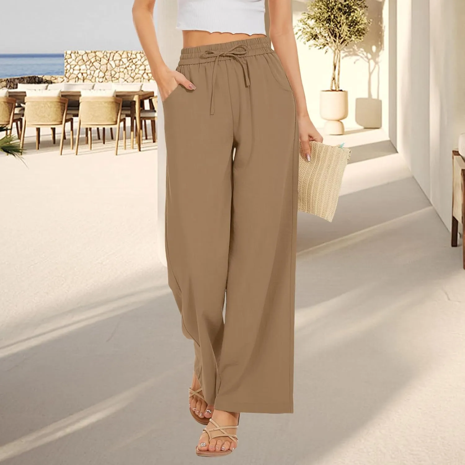 Womens High Waisted Linen Pants Casual Wide Leg Trousers with Pockets Drawstring Elastic Pants Summer 2025