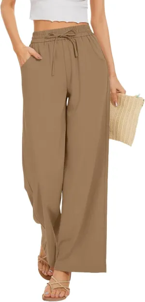 Womens High Waisted Linen Pants Casual Wide Leg Trousers with Pockets Drawstring Elastic Pants Summer 2025