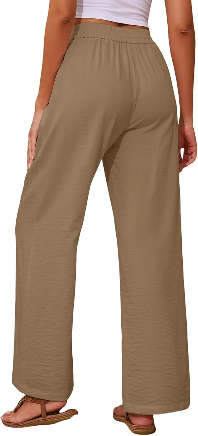 Womens High Waisted Linen Pants Casual Wide Leg Trousers with Pockets Drawstring Elastic Pants Summer 2025