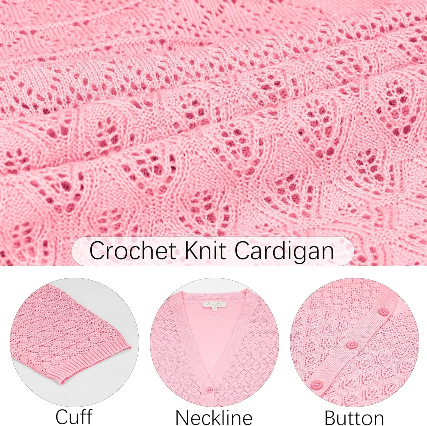 Women's Lightweight Crochet Cardigan 3/4 Sleeve Cropped V Neck Button Shrug Knit Sweater Tops