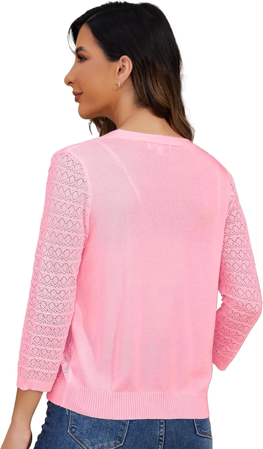 Women's Lightweight Crochet Cardigan 3/4 Sleeve Cropped V Neck Button Shrug Knit Sweater Tops