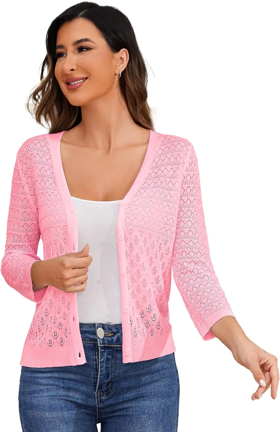 Women's Lightweight Crochet Cardigan 3/4 Sleeve Cropped V Neck Button Shrug Knit Sweater Tops