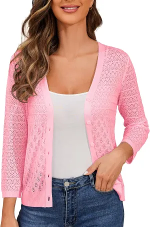 Women's Lightweight Crochet Cardigan 3/4 Sleeve Cropped V Neck Button Shrug Knit Sweater Tops