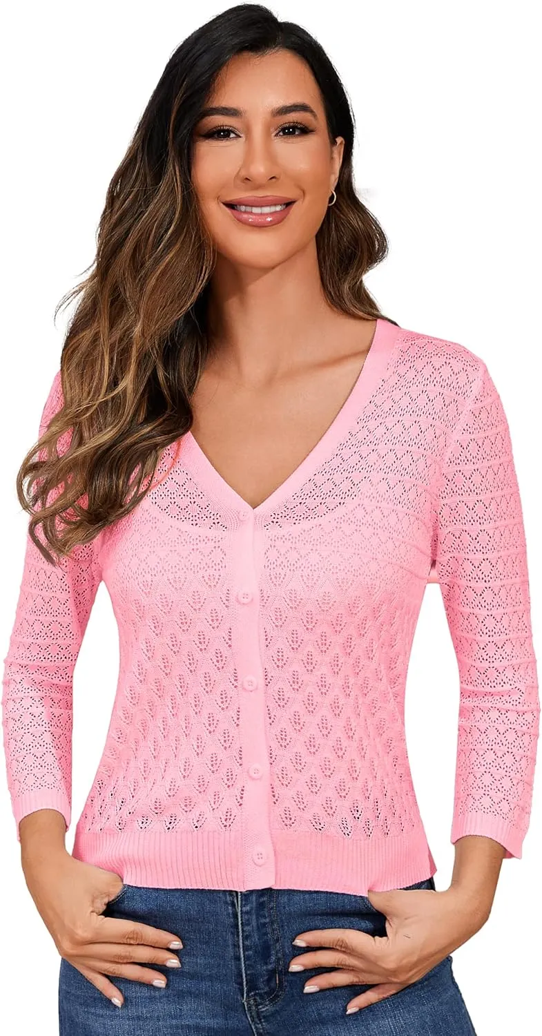 Women's Lightweight Crochet Cardigan 3/4 Sleeve Cropped V Neck Button Shrug Knit Sweater Tops