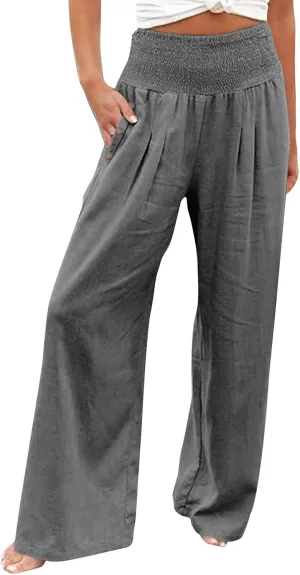Women's Linen Blend Summer Fashion Palazzo Pants High Waist Wide Leg Plus Size Pant Trousers Beach