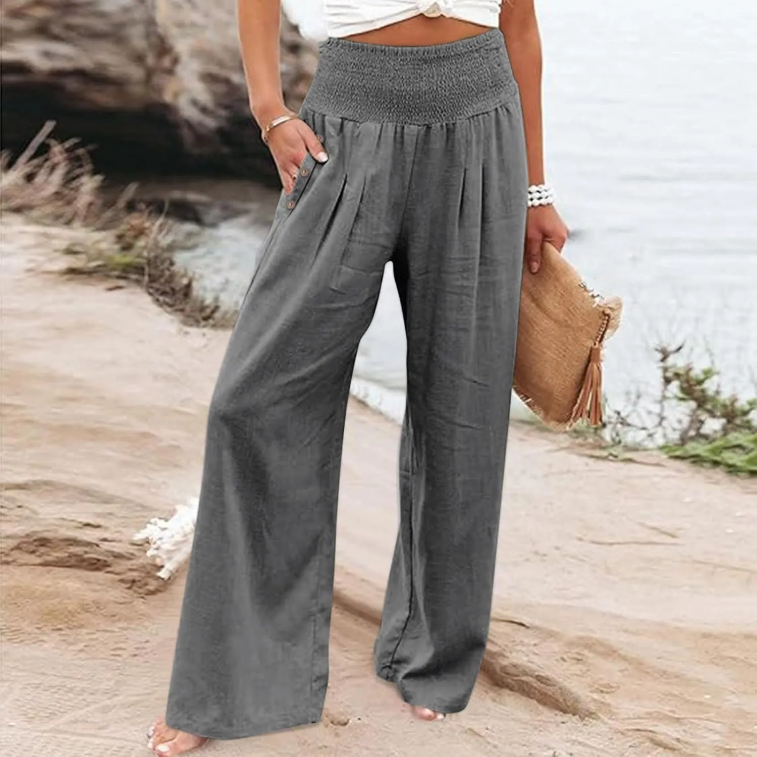 Women's Linen Blend Summer Fashion Palazzo Pants High Waist Wide Leg Plus Size Pant Trousers Beach