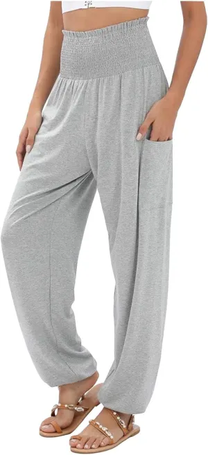 Women's Linen Blend Summer Letter Patched Pants Elastic Waisted Wide Leg Slim Fit Palazzo Lounge Pants