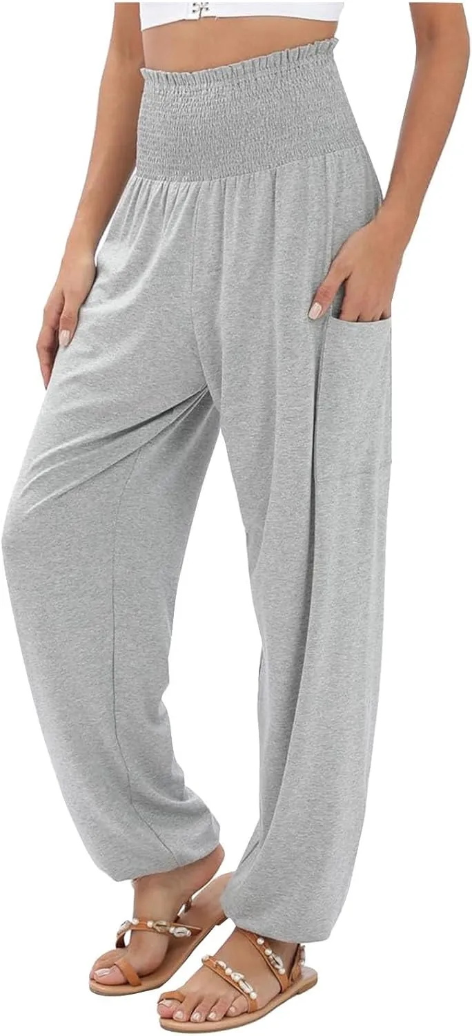 Women's Linen Blend Summer Letter Patched Pants Elastic Waisted Wide Leg Slim Fit Palazzo Lounge Pants