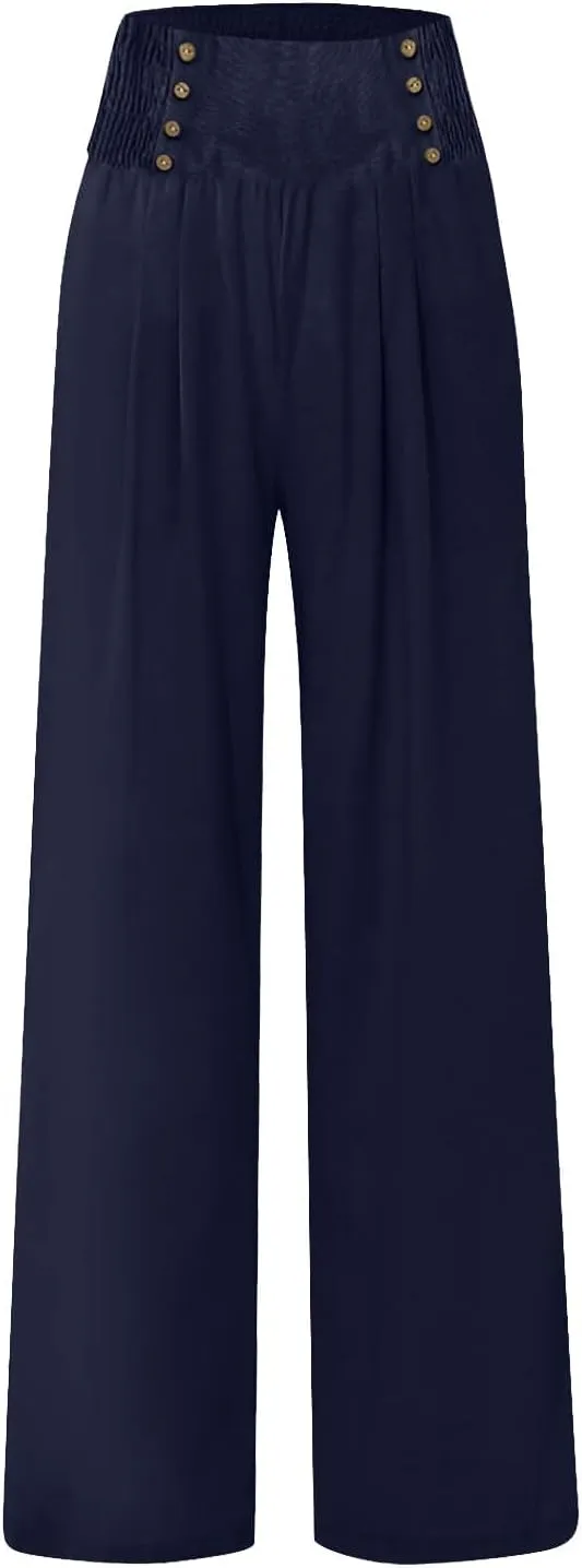 Womens Linen Blend Summer Print Palazzo Pants Low Waist Ankle Length Loose Fit Trouser Business Work