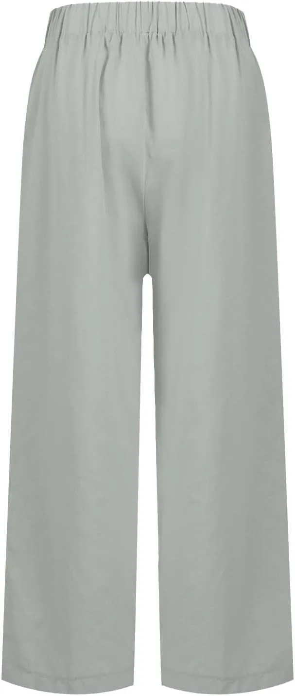 Womens Linen Cropped Pants High Waisted Summer Beach Pants Elastic Waist Tapered Pants Casual Ankle Length Trousers