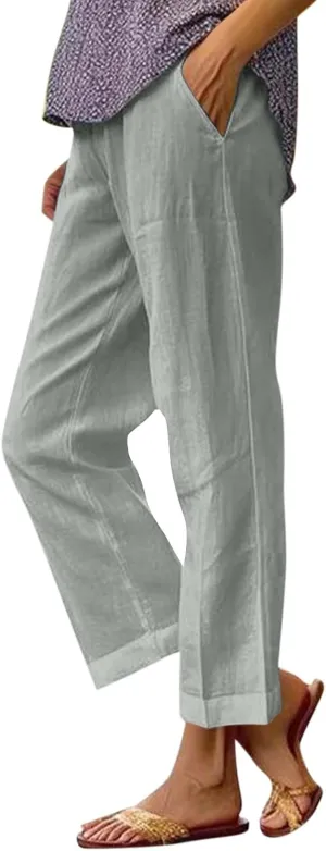 Womens Linen Cropped Pants High Waisted Summer Beach Pants Elastic Waist Tapered Pants Casual Ankle Length Trousers