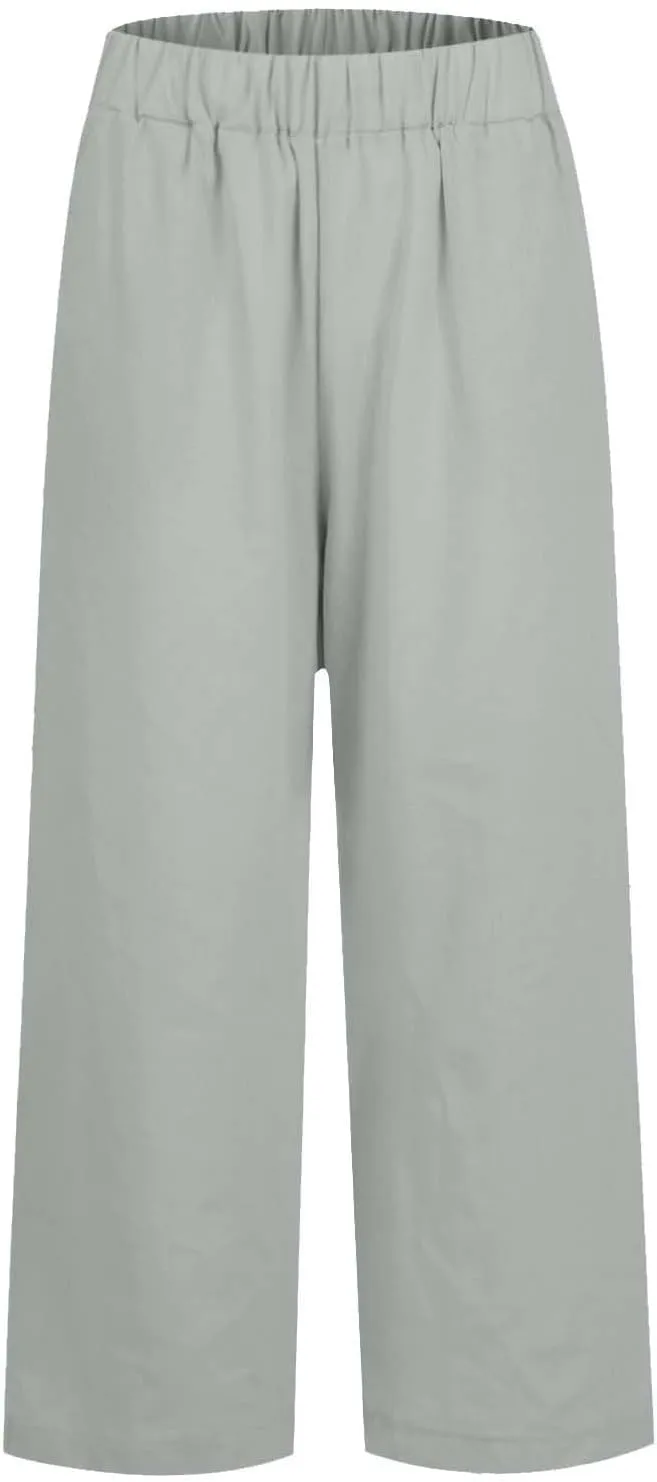 Womens Linen Cropped Pants High Waisted Summer Beach Pants Elastic Waist Tapered Pants Casual Ankle Length Trousers