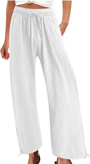 Women's Linen Palazzo Pants Drawstring Summer Wide Leg High Waist Casual Lounge Pant 2025 Beach Vacation Trousers
