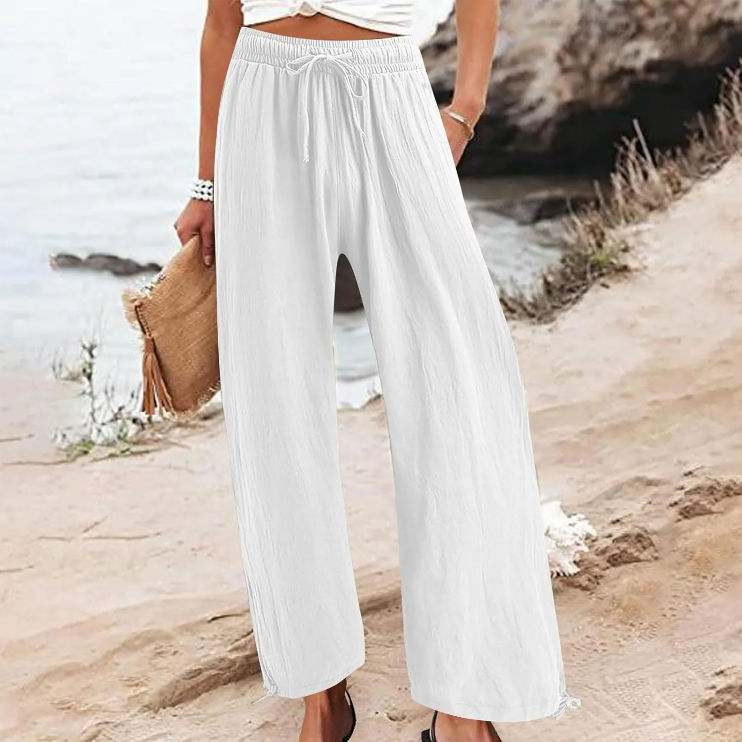 Women's Linen Palazzo Pants Drawstring Summer Wide Leg High Waist Casual Lounge Pant 2025 Beach Vacation Trousers