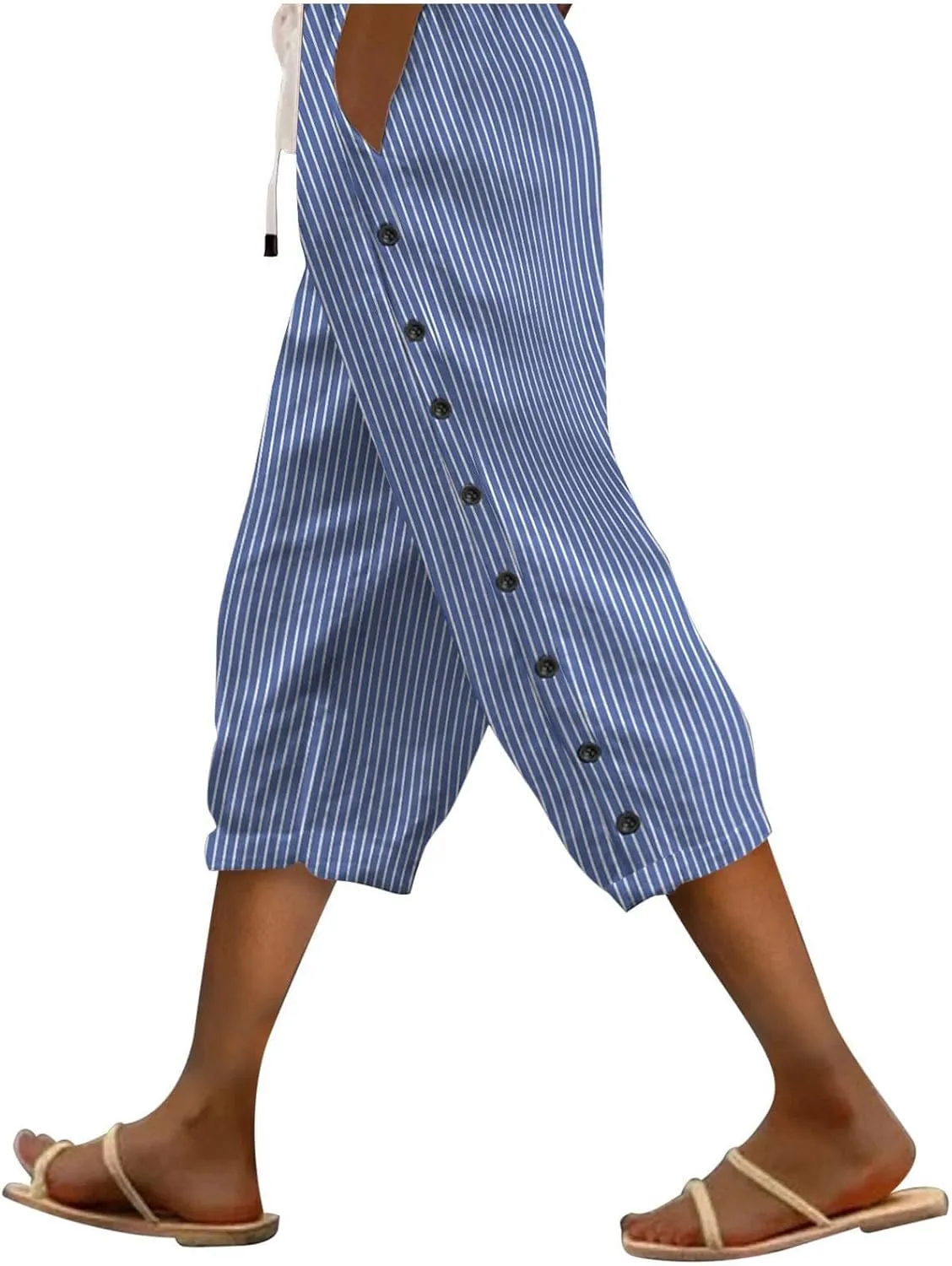 Womens Linen Pants Summer Casual Harem Pants Trendy Wide Leg Trousers Elastic Waist Loose Fit Palazzo with Pockets