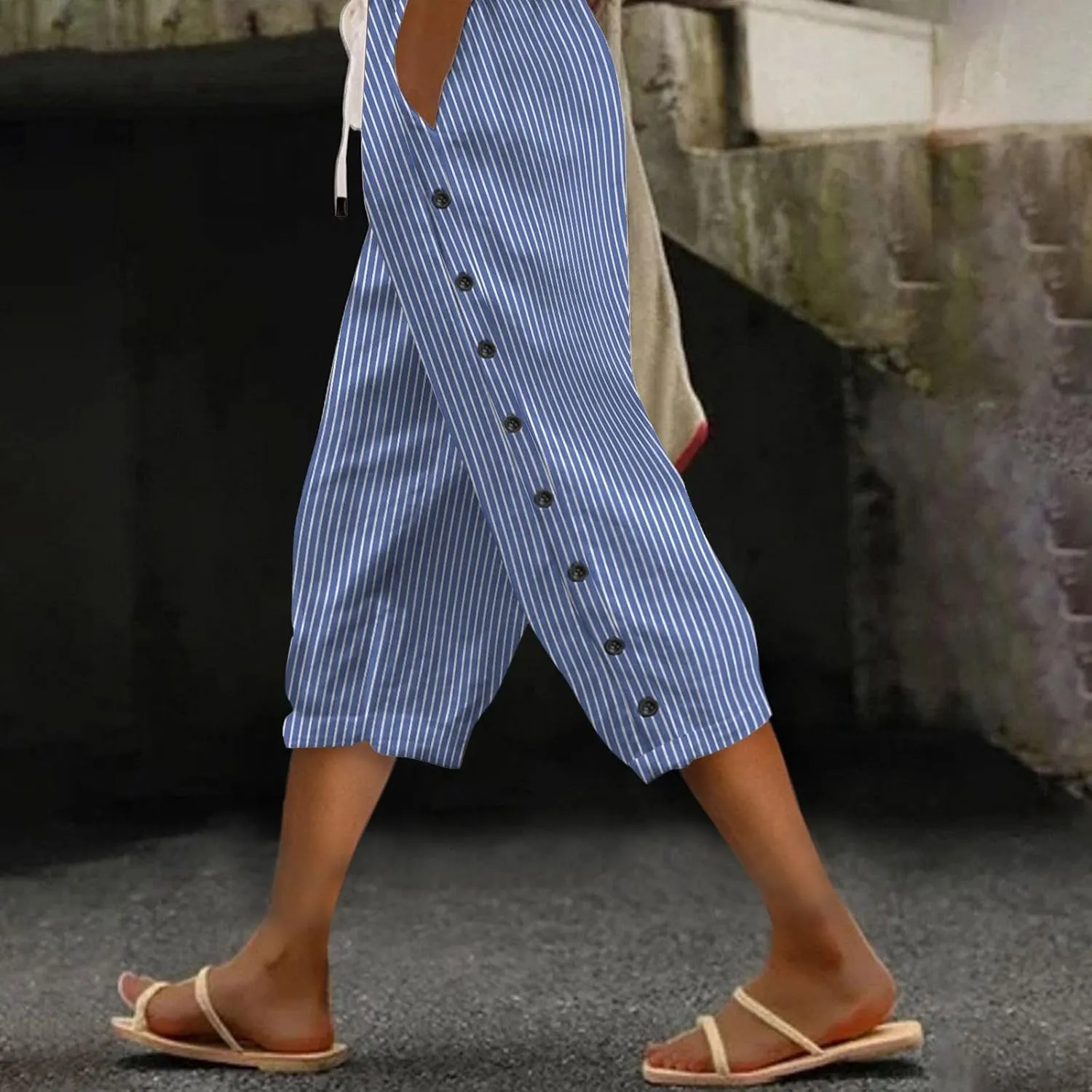 Womens Linen Pants Summer Casual Harem Pants Trendy Wide Leg Trousers Elastic Waist Loose Fit Palazzo with Pockets