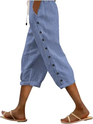 Womens Linen Pants Summer Casual Harem Pants Trendy Wide Leg Trousers Elastic Waist Loose Fit Palazzo with Pockets
