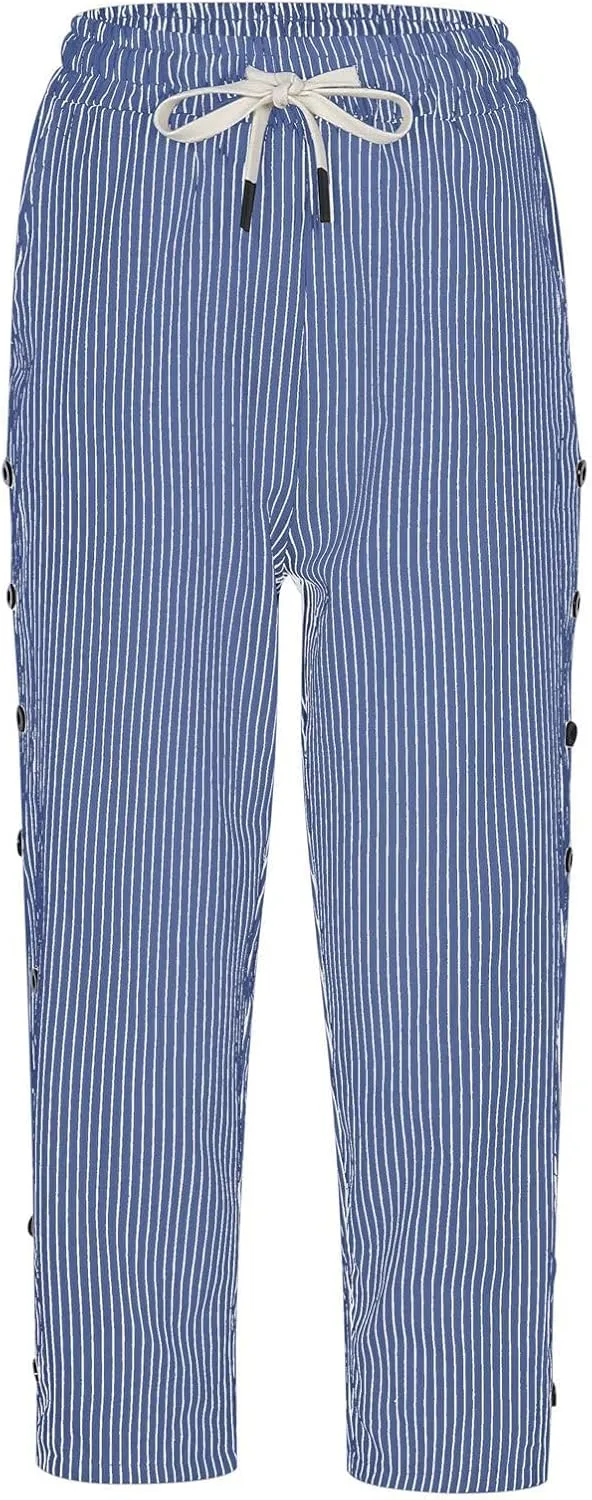 Womens Linen Pants Summer Casual Harem Pants Trendy Wide Leg Trousers Elastic Waist Loose Fit Palazzo with Pockets