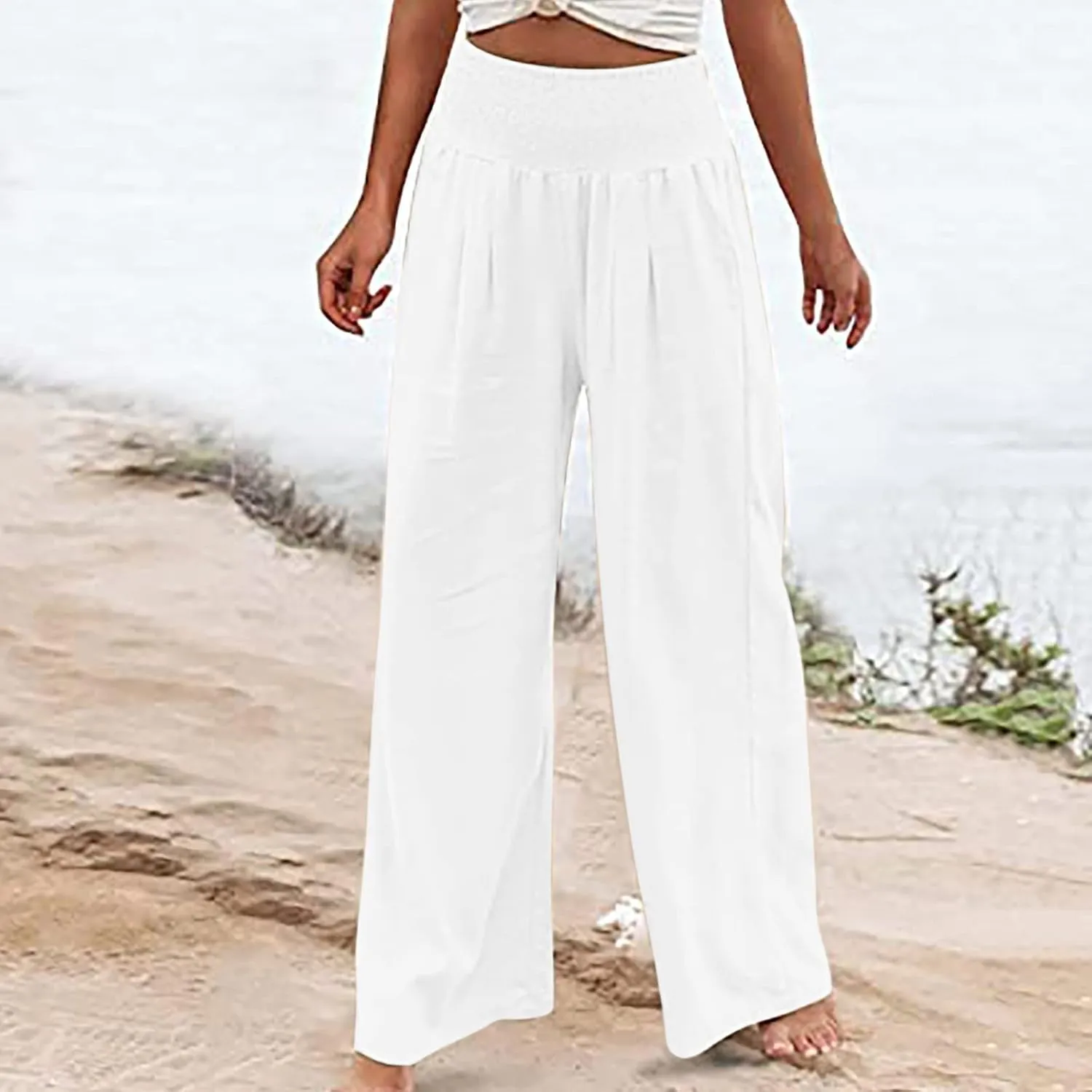 Womens Linen Summer Casual Flowy Pant Trousers High Waist Long Lounge Loose Fit Palazzo Lounge Pants Office