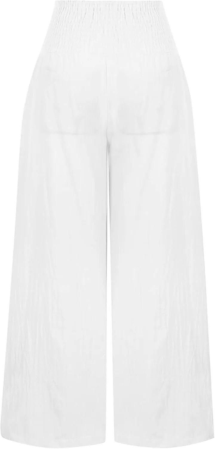 Womens Linen Summer Casual Flowy Pant Trousers High Waist Long Lounge Loose Fit Palazzo Lounge Pants Office