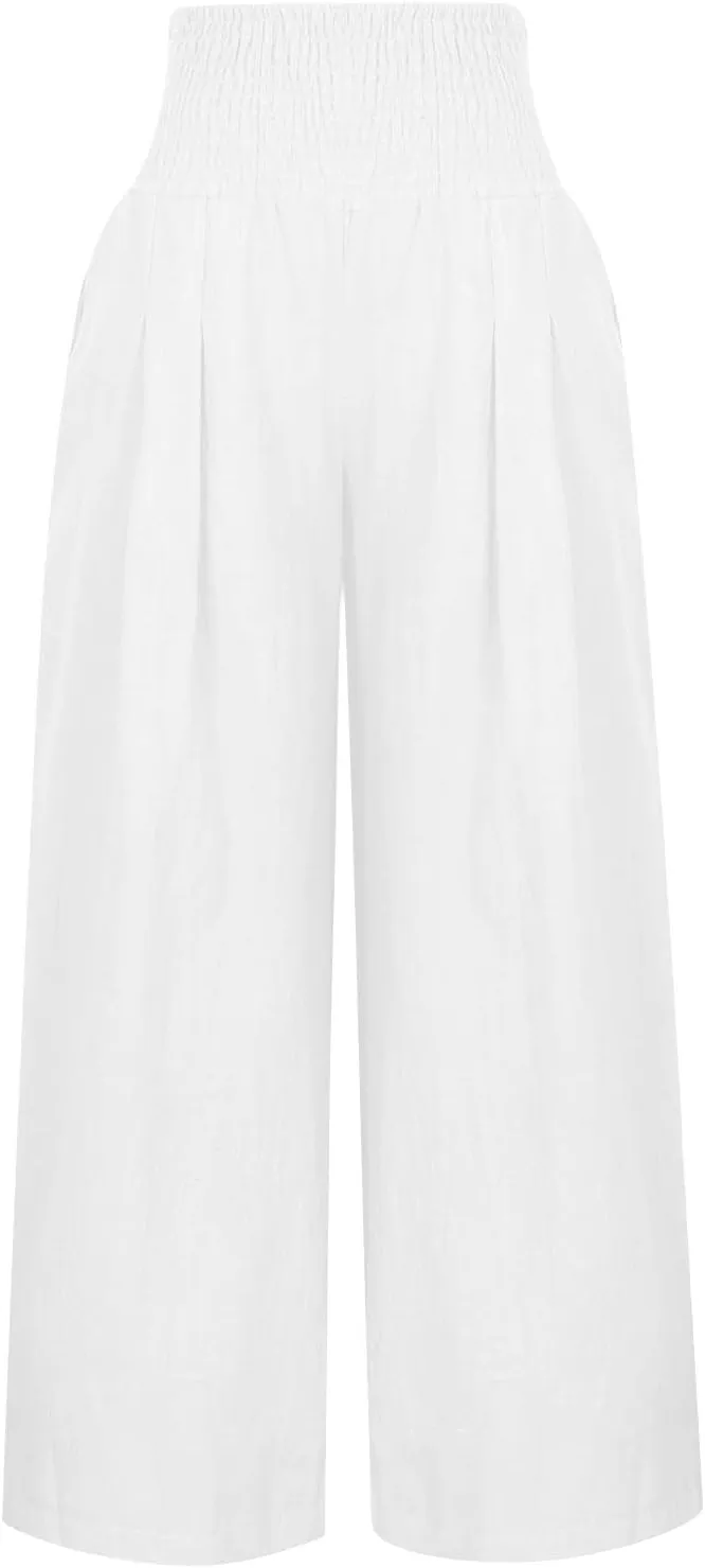 Womens Linen Summer Casual Flowy Pant Trousers High Waist Long Lounge Loose Fit Palazzo Lounge Pants Office