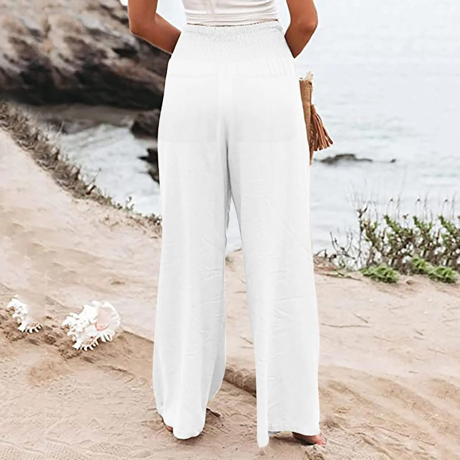 Womens Linen Summer Casual Flowy Pant Trousers High Waist Long Lounge Loose Fit Palazzo Lounge Pants Office