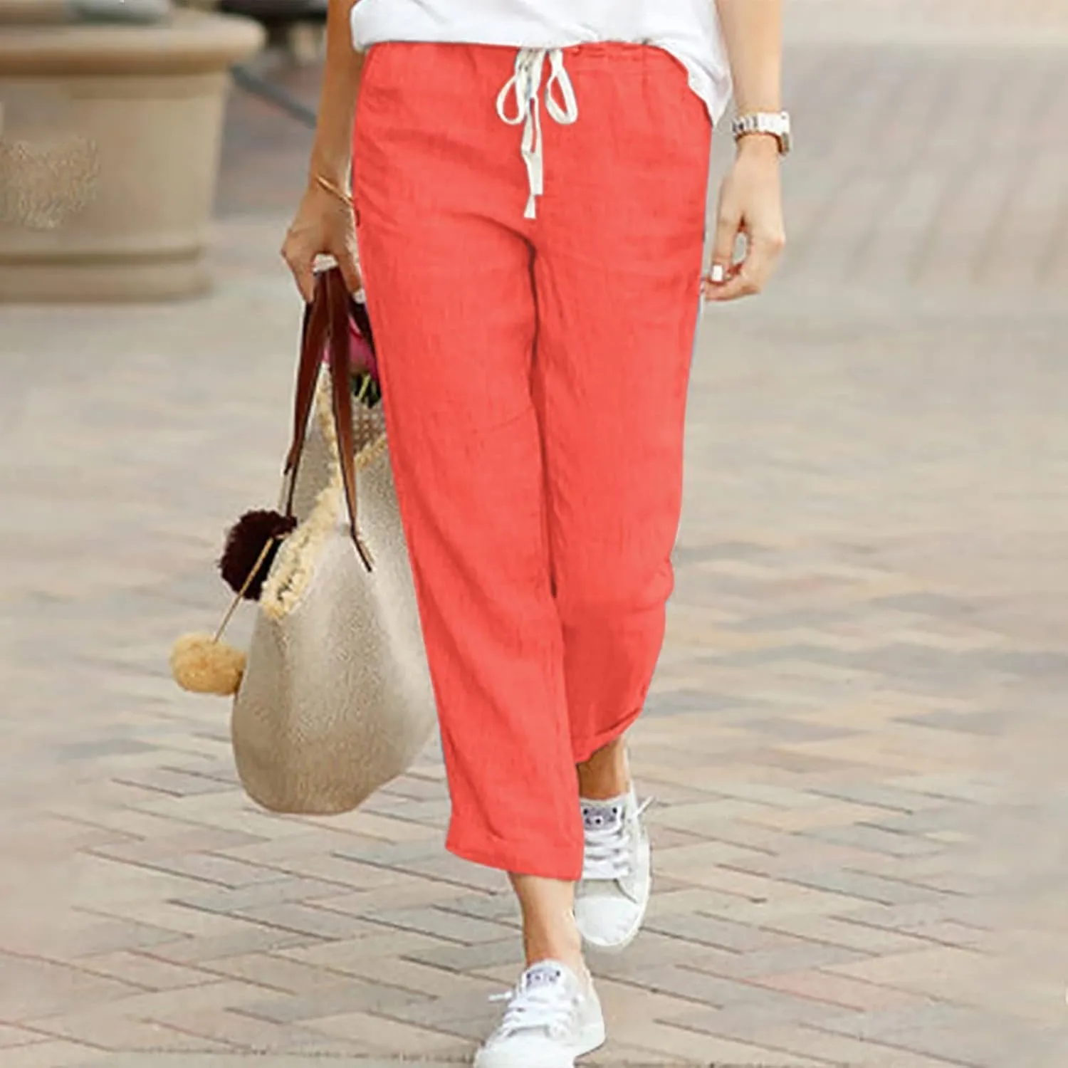 Women's Linen Summer Casual Pant Trousers Elastic Waisted Stretchy Straight Slim Fit Pants Work Business