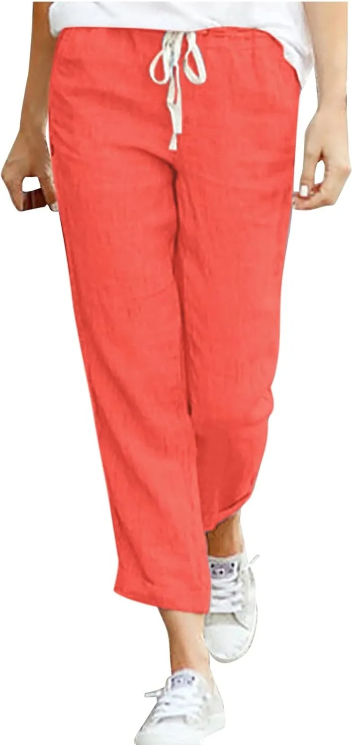 Women's Linen Summer Casual Pant Trousers Elastic Waisted Stretchy Straight Slim Fit Pants Work Business